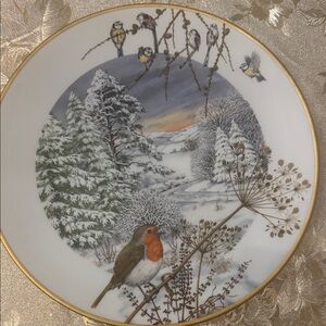 Winter Scene Decorative Plate with Gold Rim